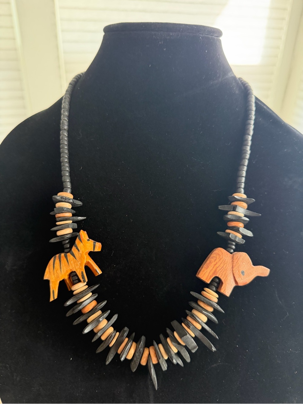 Handcrafted Black and Brown Wooden Elephant & Zebra Necklace